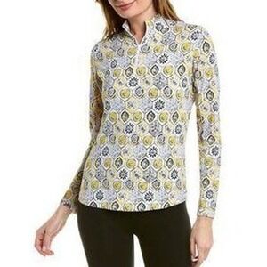 IBKUL‎ Terra Yellow Multi Medallion Print IceFil UPF 50 Quarter Zip Sun Shirt S